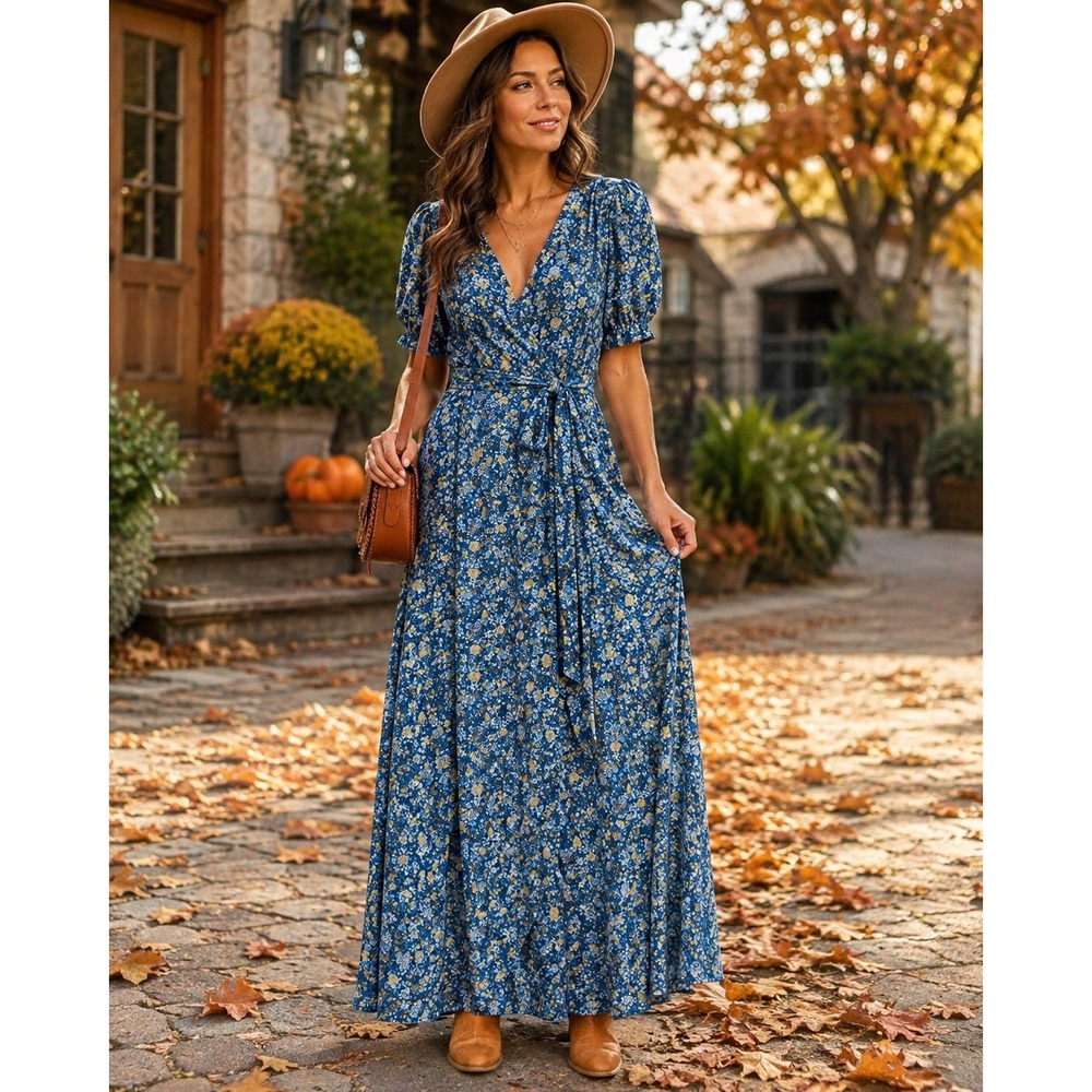 NATURAL LIFE Navy Blue Floral Wrap Maxi Dress